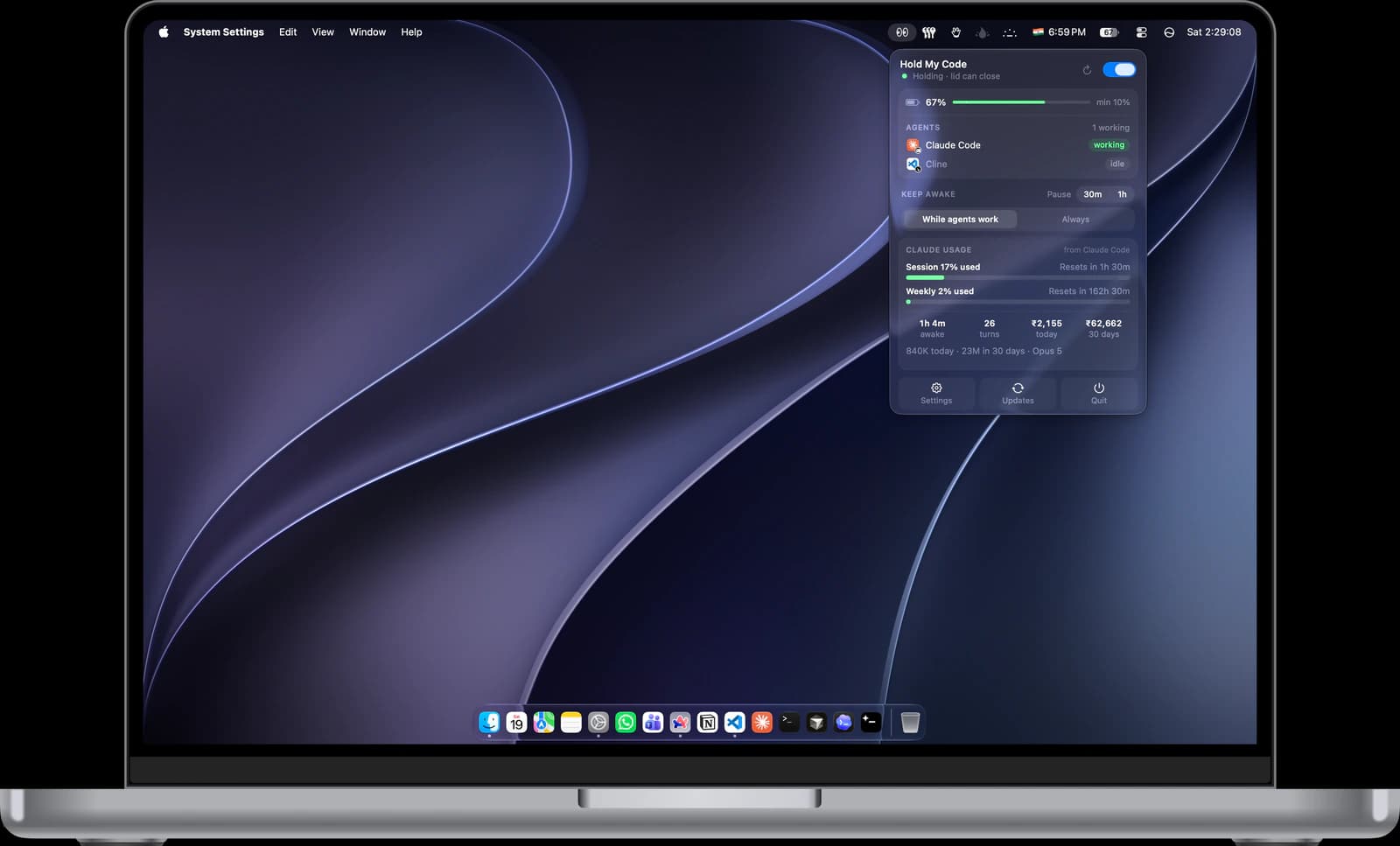 Hold My Code panel on a MacBook